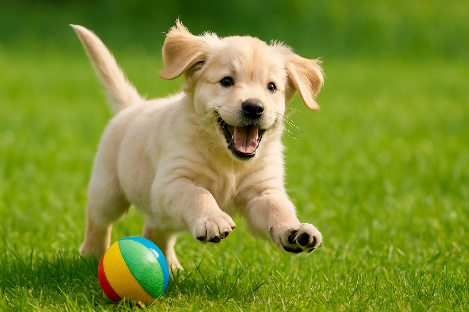 bllije puppy op het gras spelend met een bal